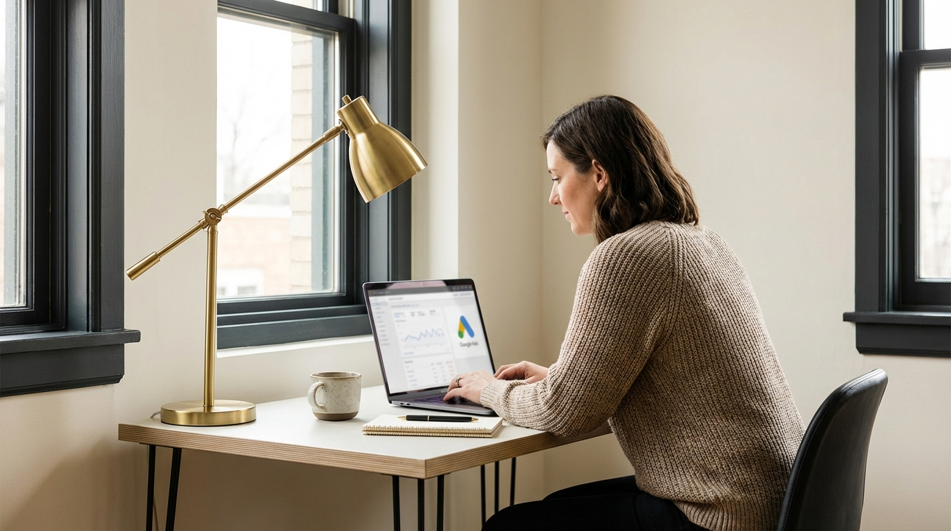 Small business owner reviewing Google Ads dashboard on a laptop