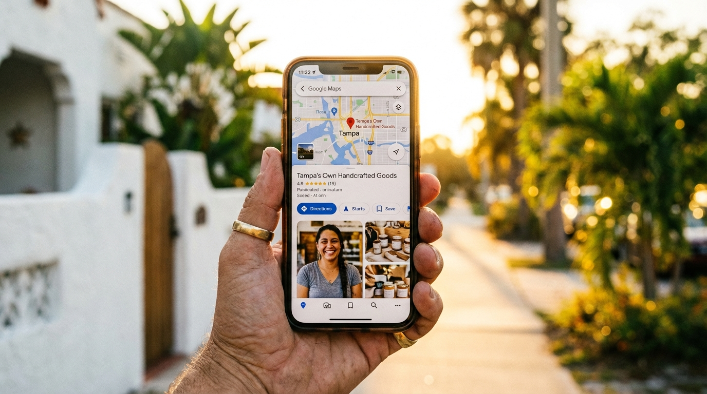 Business owner proudly holding a phone showing their Google Maps listing