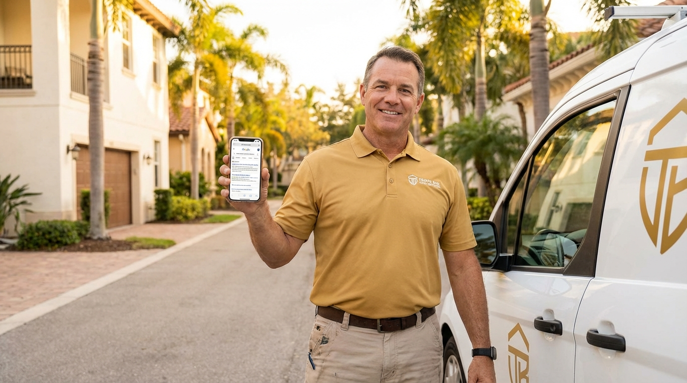 Tampa home services contractor checking Google search results on their phone
